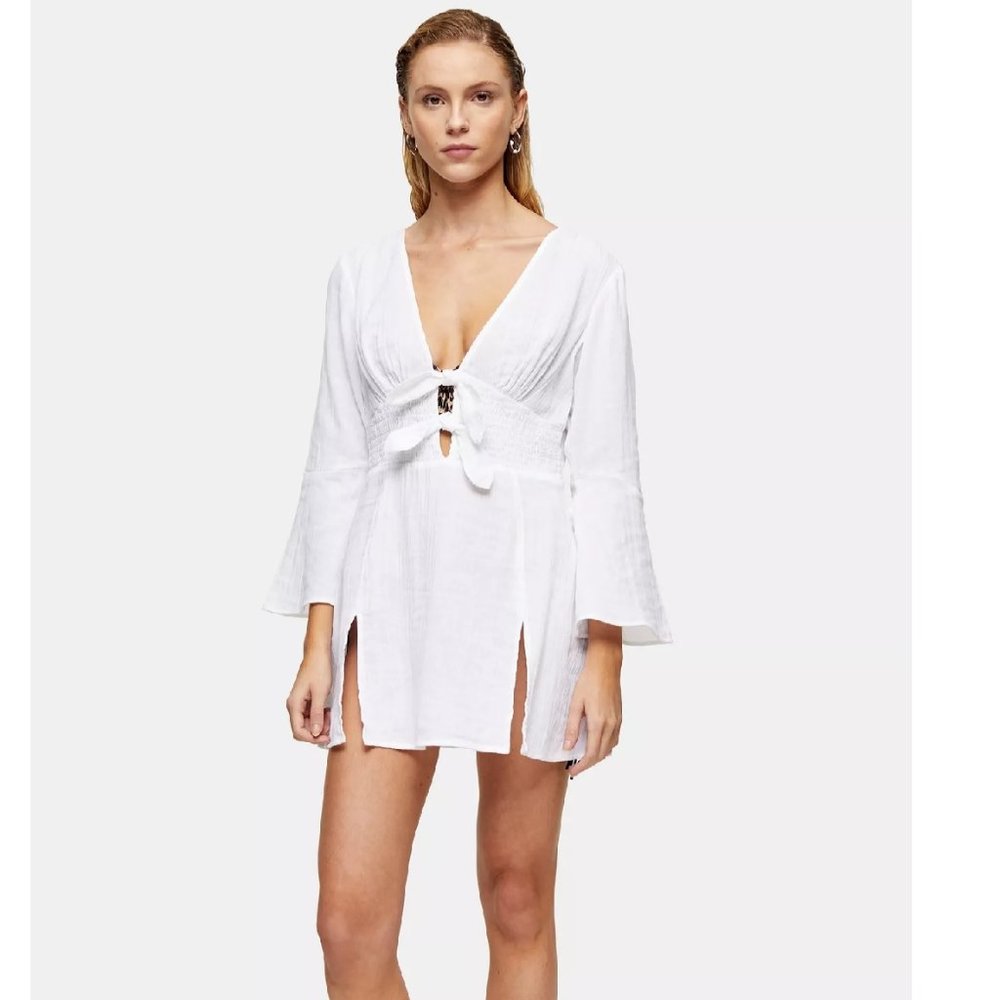 Ivory Tie Front Kaftan Mini Beach Dress